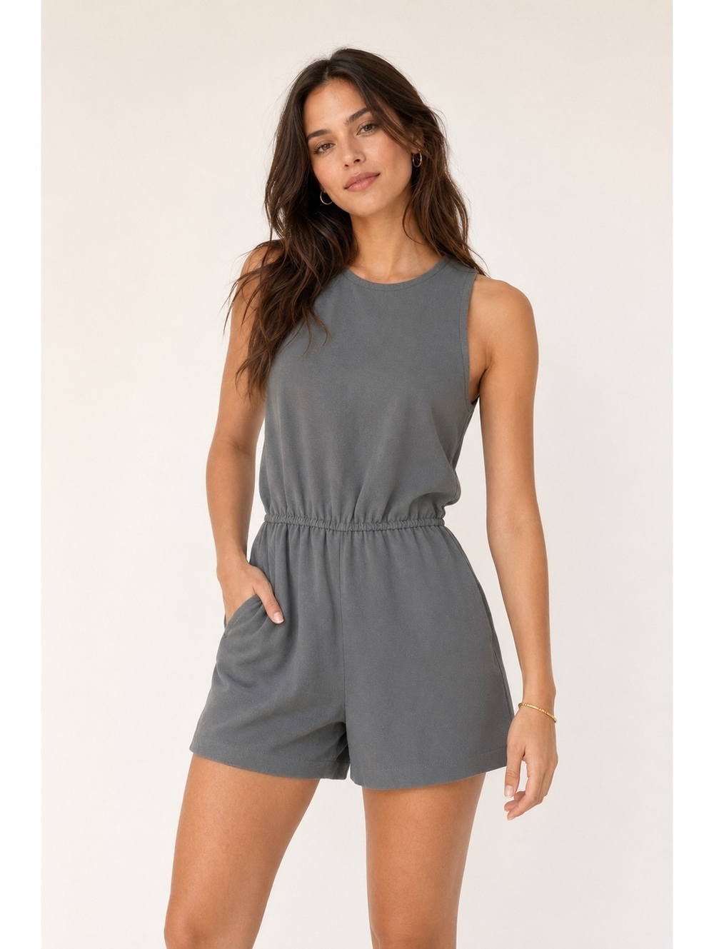 Aritzia Wilfred Rive Romper Olive Green Sleeveless Open Back Pockets Size S